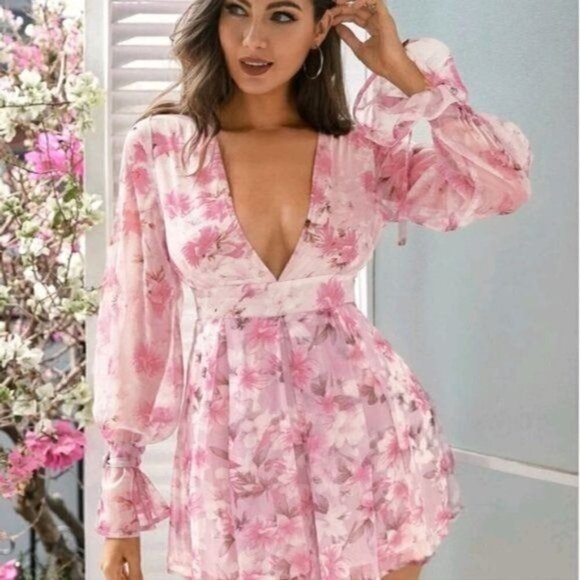 PINK BOHEMIAN FLORAL DOUBLE CRAZY PREMIUM DRESS - Picture 1 of 8